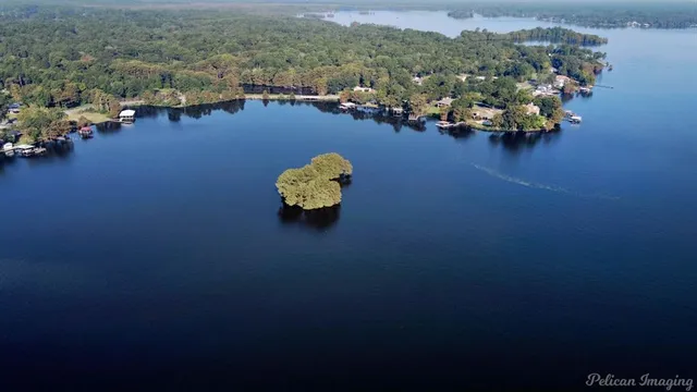 an aerial view of a house with a lake view