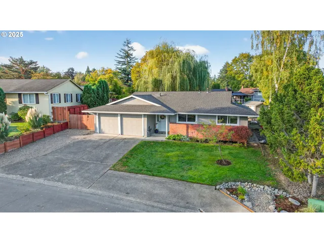 a aerial view of a house with a yard and potted plants