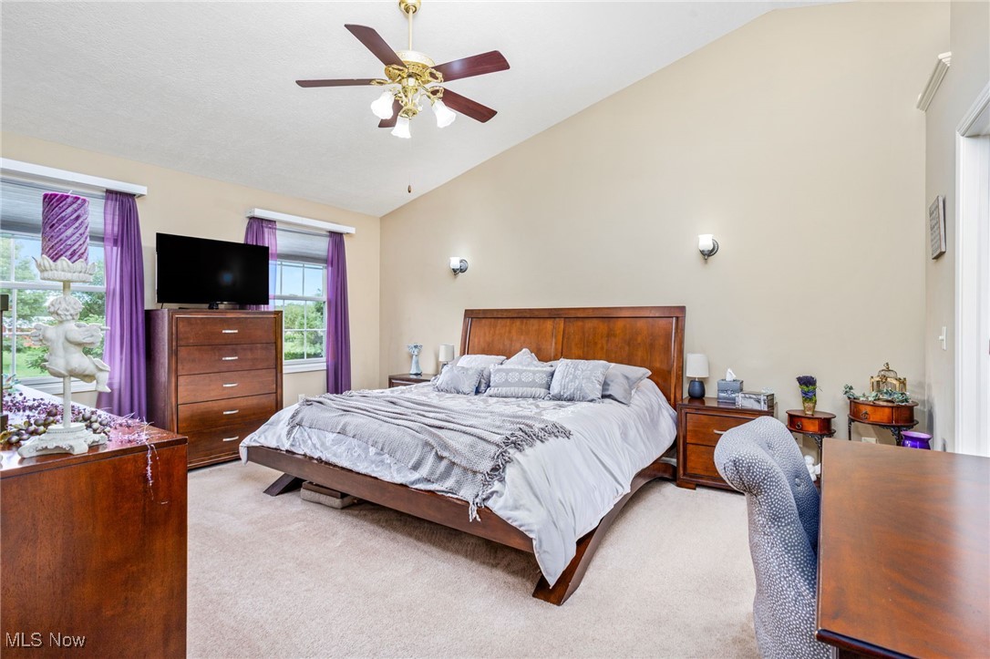11620 Friendsville Road Creston, OH 44217 - Photo 24 of 40 Master Bedroom with light colored carpet, high vaulted ceiling, and ceiling fan