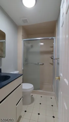 a bathroom with a granite countertop sink a toilet and shower