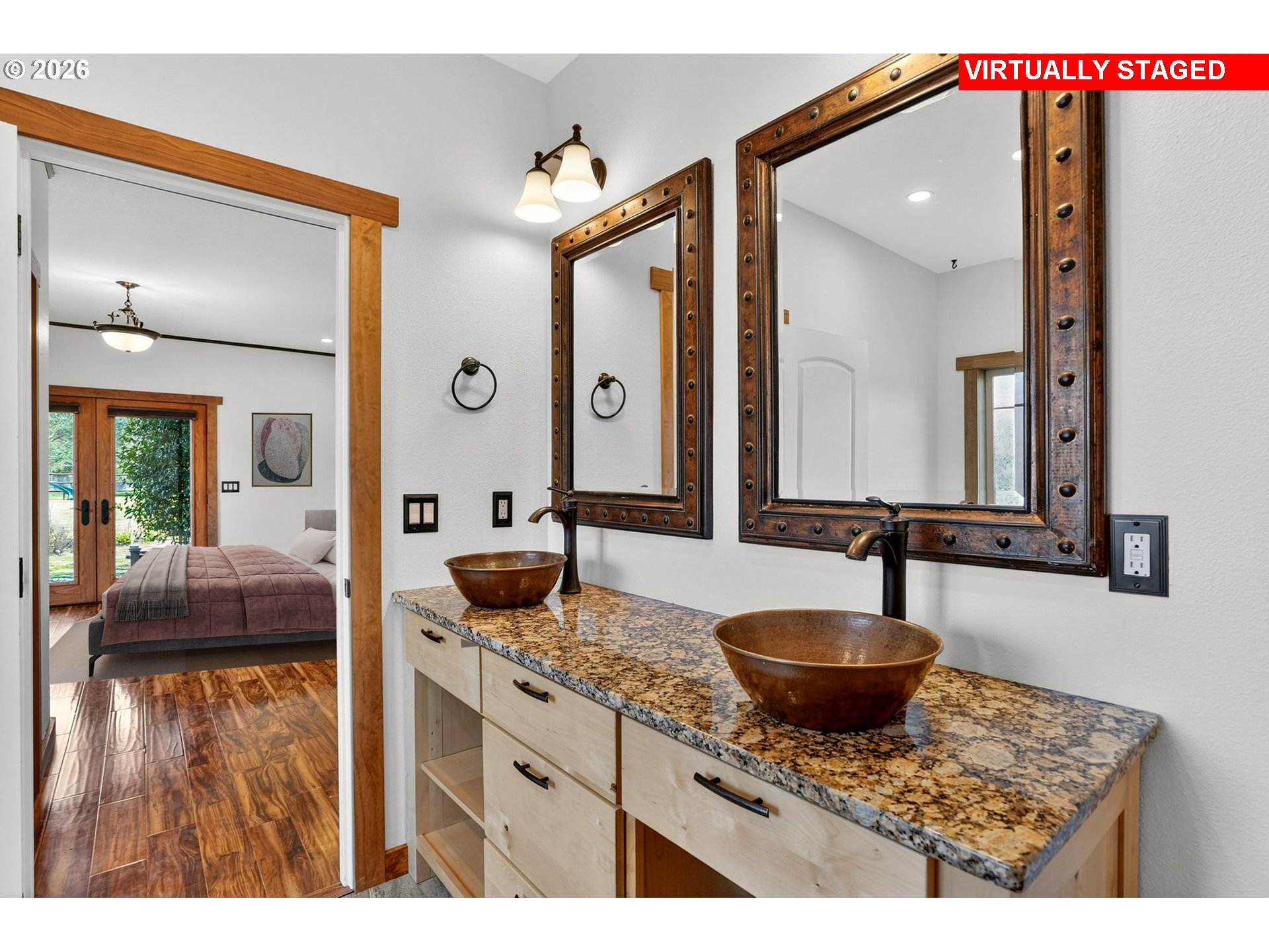 24677 Southeast Van Curen Road Eagle Creek, OR 97022 - Photo 13 of 48 a bathroom with a granite countertop sink and a mirror