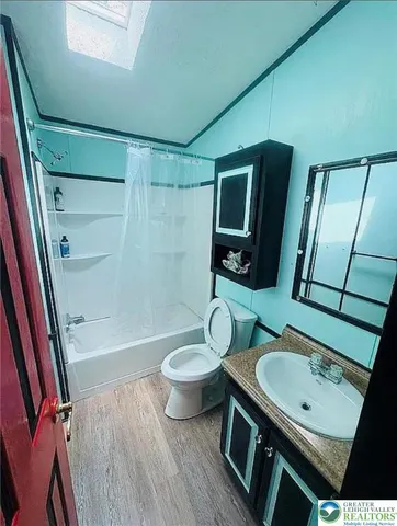 a bathroom with a sink a toilet a mirror and shower