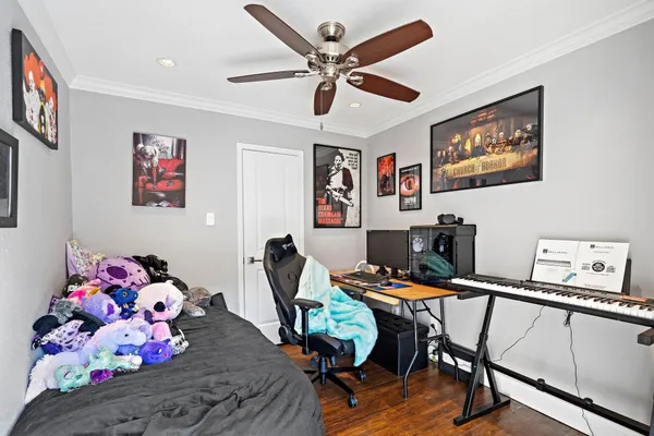 a workspace with furniture and wooden floor
