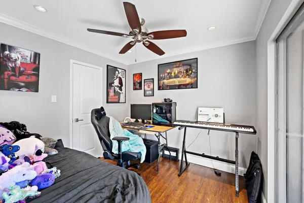a workspace with furniture and wooden floor