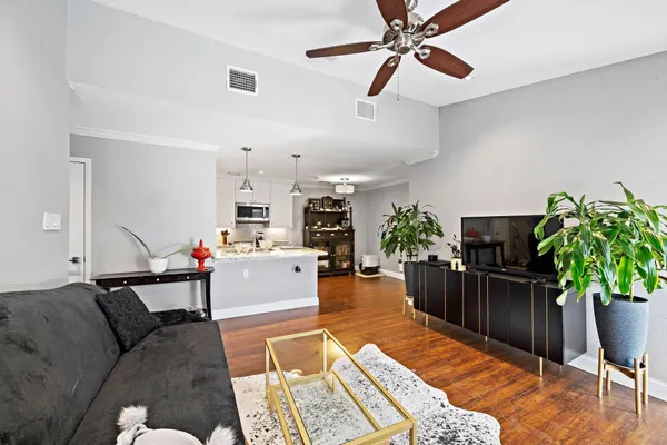 a living room with furniture potted plant and kitchen view