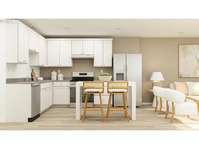 a living room with a bed and furniture