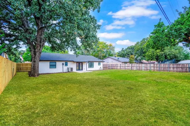 a view of a big yard with plants and large trees