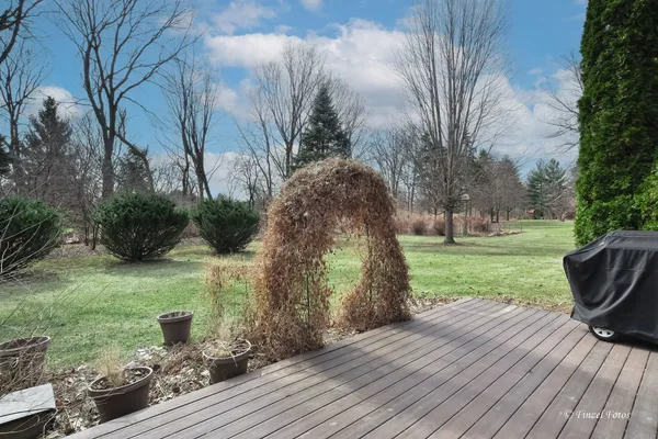 a view of a backyard with wooden floor