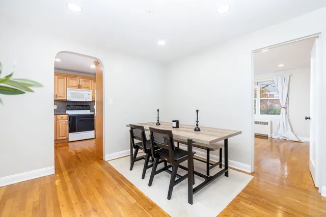 a view of a dining room with furniture