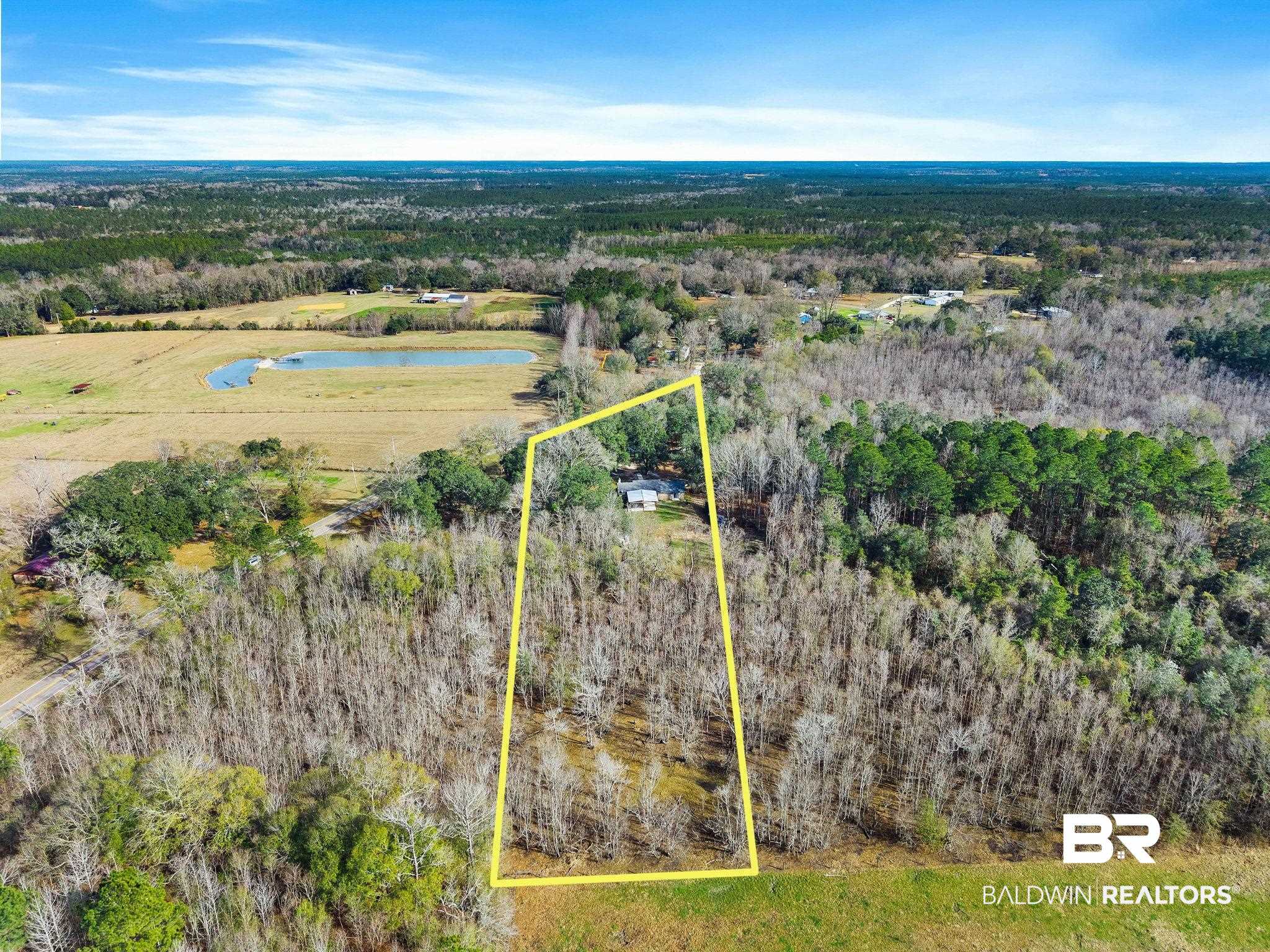 17366 Old Brady Road Bay Minette, AL 36507 - Photo 43 of 43 Aerial view of property and surrounding area featuring property boundaries highlighted and a heavily wooded area