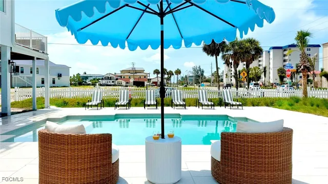 a view of a swimming pool with a patio