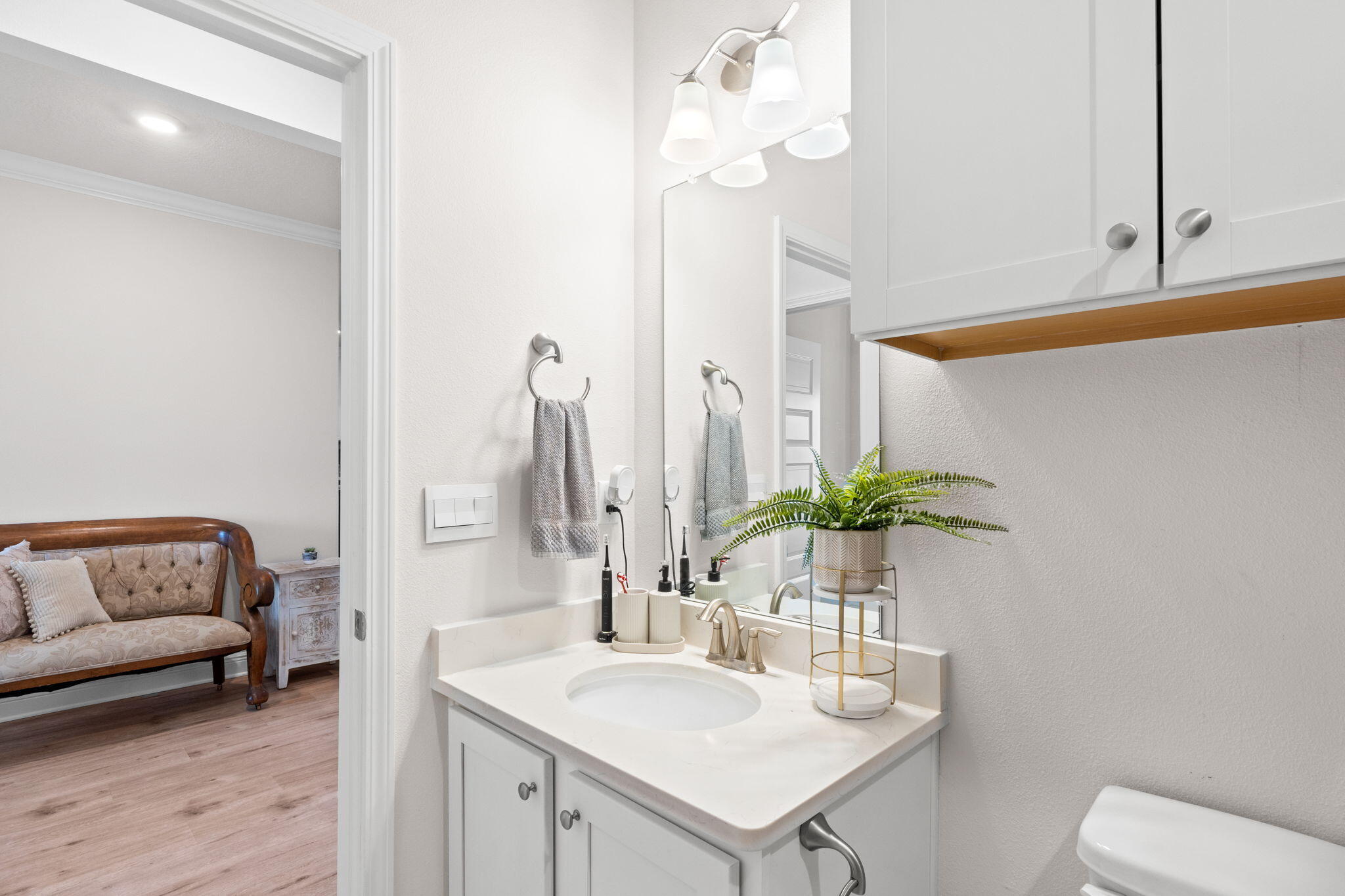 44 Secluded Circle Freeport, FL 32439 - Photo 9 of 43 a bathroom with a sink a mirror and a potted plant