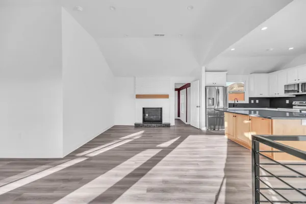 a living room with a fireplace