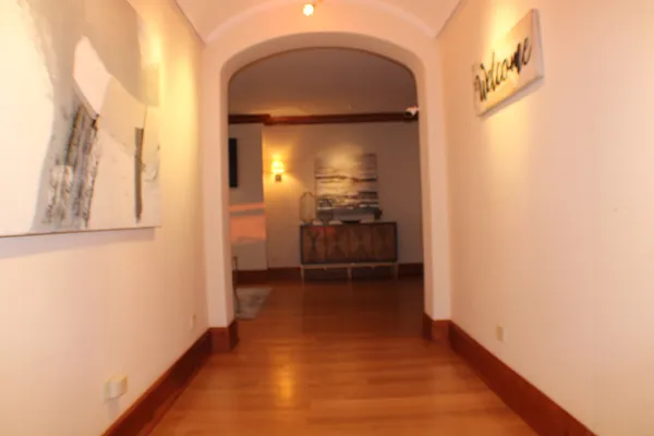a view of a hallway with wooden floor and a bathroom