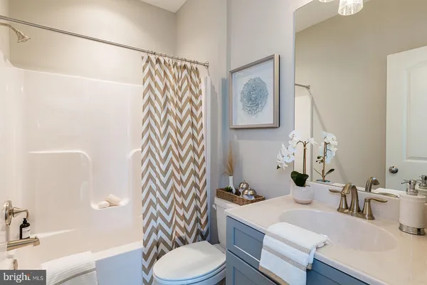 a bathroom with a sink a toilet and shower curtain