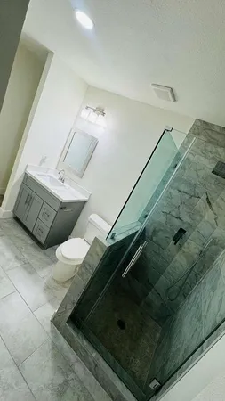 a bathroom with a shower and toilet