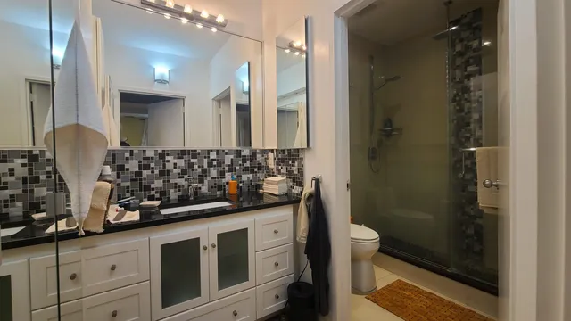 a bathroom with a double vanity sink toilet and shower