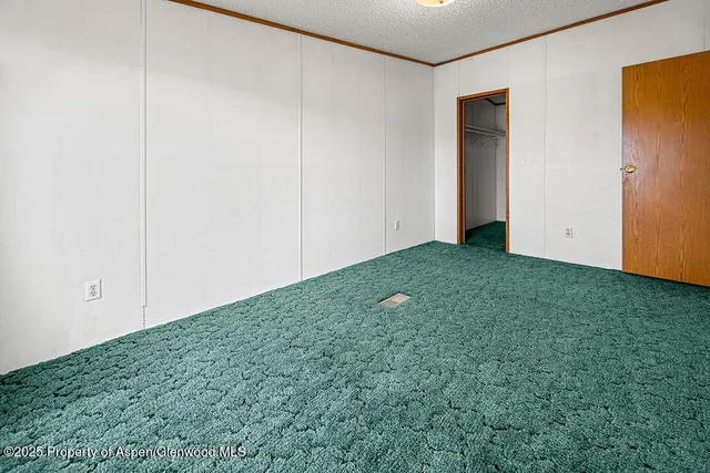 a view of an empty room with closet and entryway