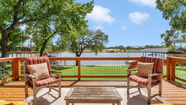 a garden view with a seating space