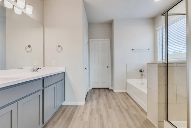 a bathroom with a sink a mirror and a bathtub