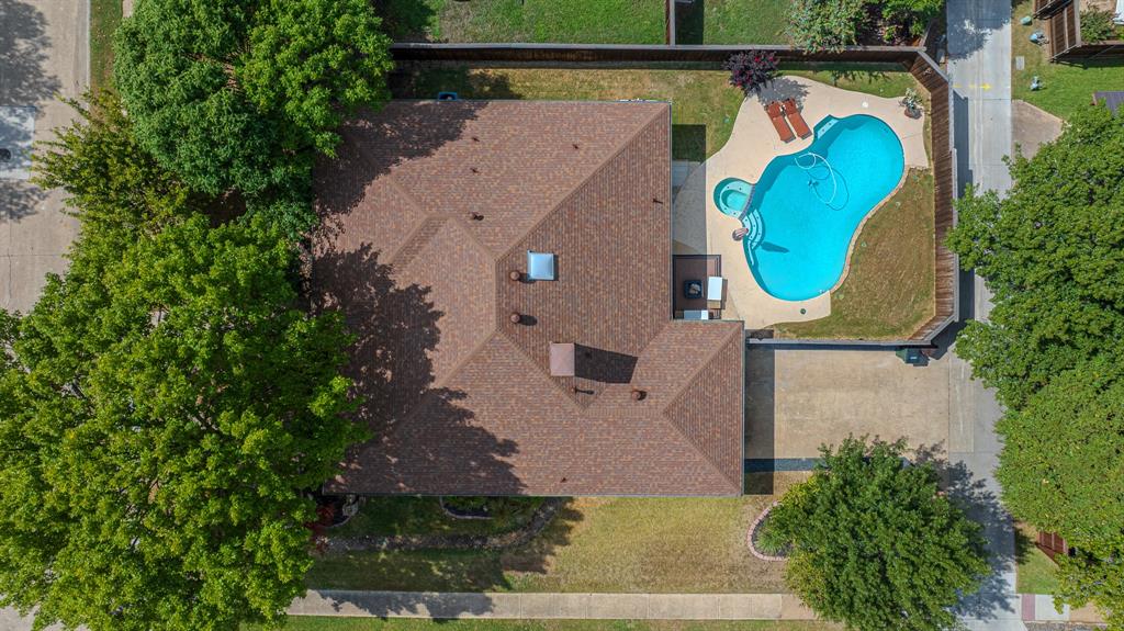 1601 Geneva Lane Plano, TX 75075 - Photo 37 of 38 an aerial view of a house with a swimming pool and a yard