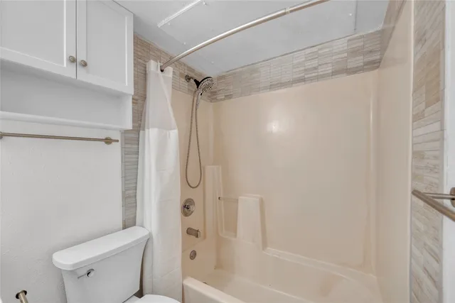 a bathroom with a shower and a toilet