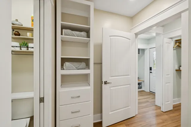 an aerial view of a house with a garden