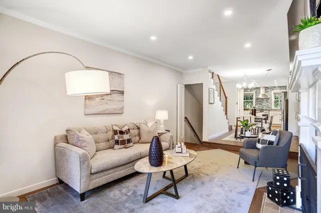 a living room with furniture a rug and a potted plant