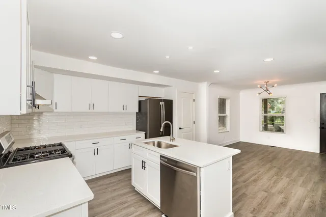 a kitchen with a stove a sink and a refrigerator