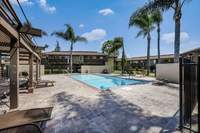 a view of a backyard with plants and swimming pool