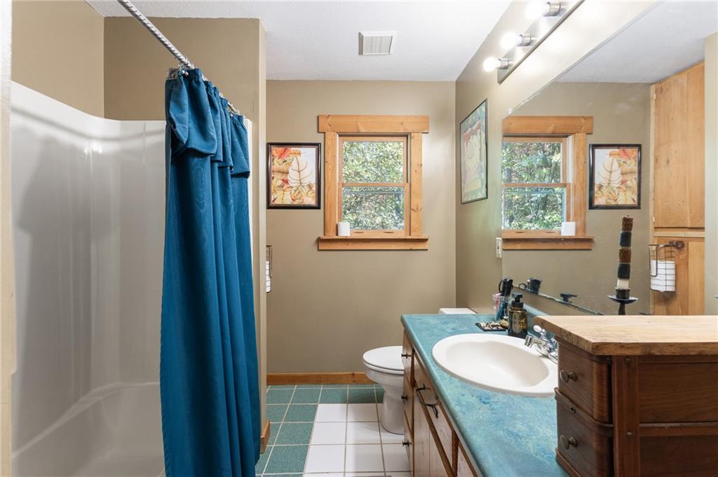 339 Cameron Road Cleveland, GA 30528 - Photo 30 of 36 a bathroom with a granite countertop sink a mirror and a window