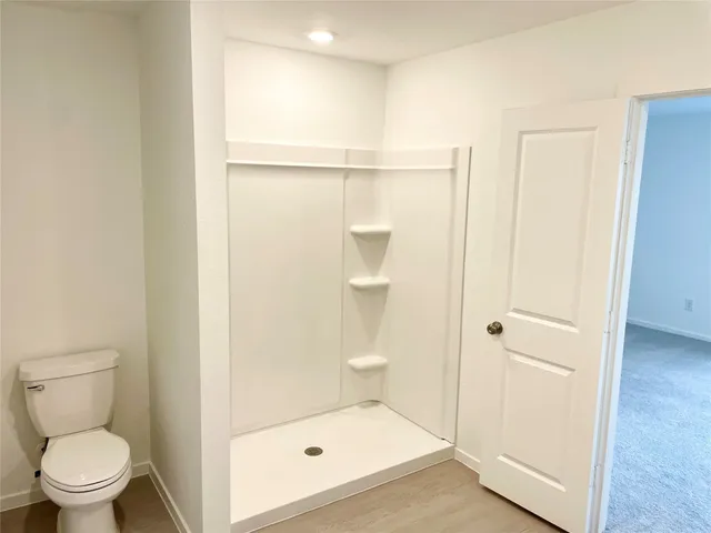 a bathroom with a shower and a toilet
