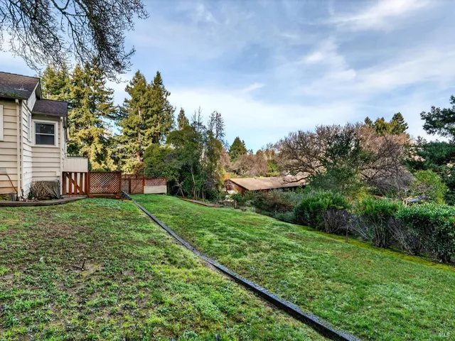 a view of a garden with a fountain