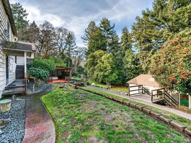 a garden view with a lake view