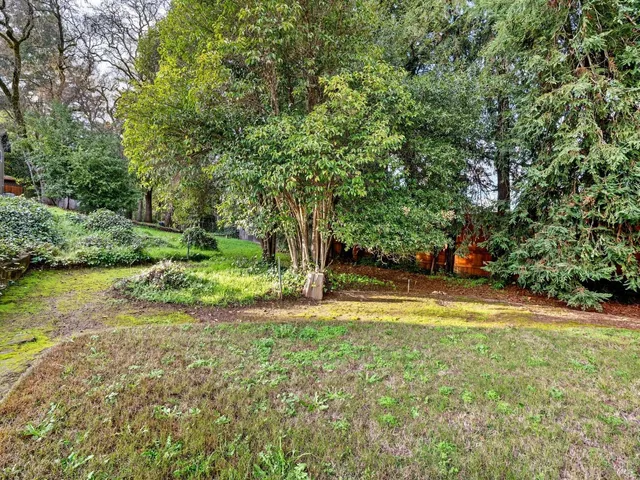 a view of a house with backyard and garden