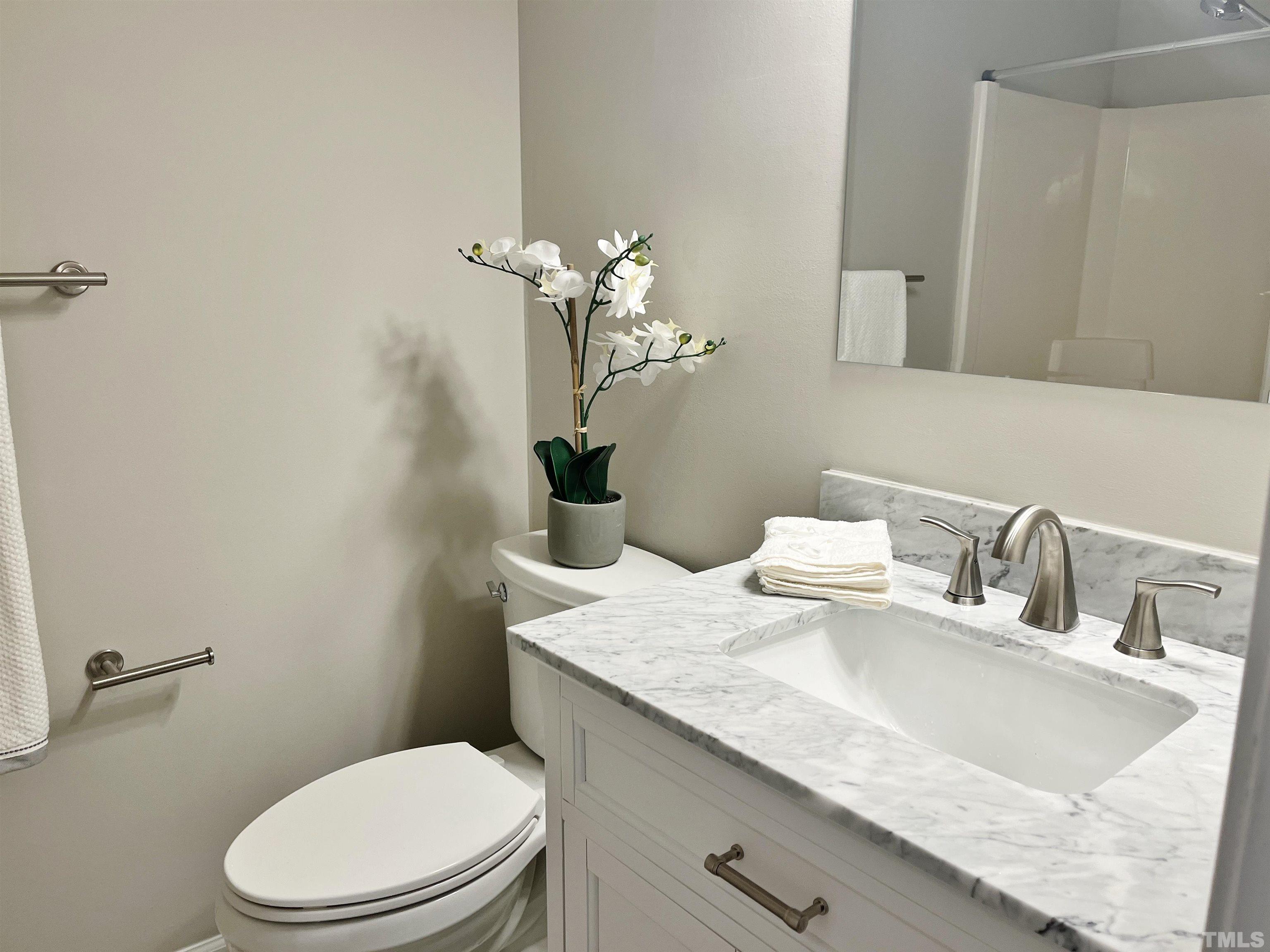 6123 Bushmills Street Raleigh, NC 27613 - Photo 12 of 16 a bathroom with a granite countertop sink a toilet and a mirror