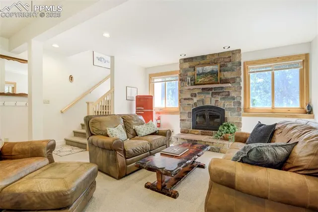 a living room with furniture or couch and a fireplace