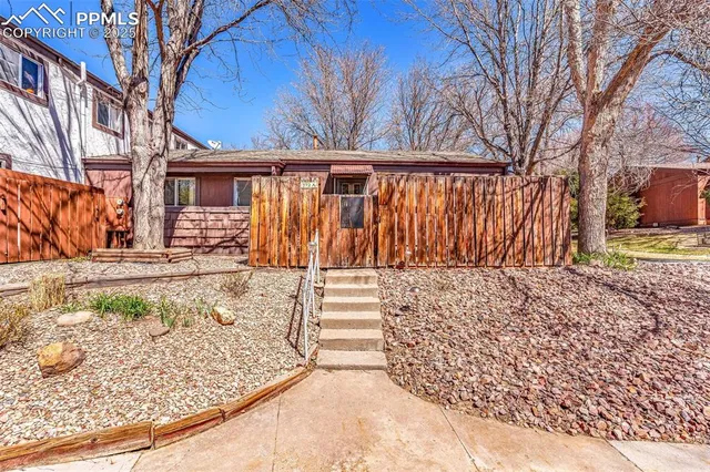 a view of a backyard with large trees