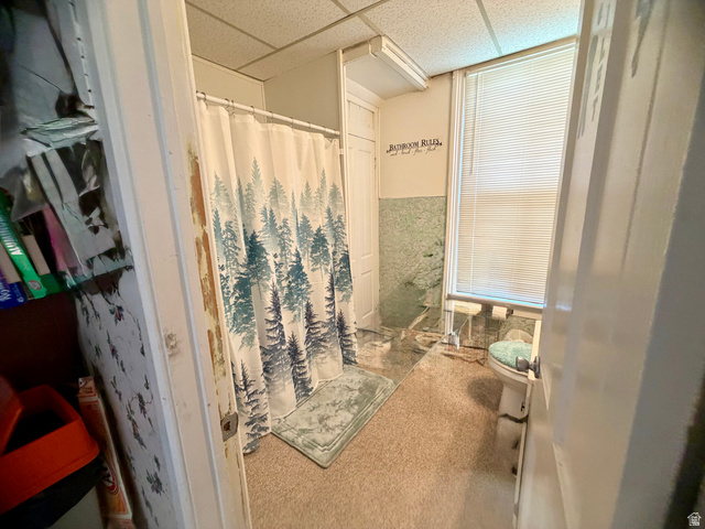 85 South Main Street Woodruff, UT 84086 - Photo 13 of 14 Bathroom featuring a shower stall, window with blinds, and wall-mounted lighting