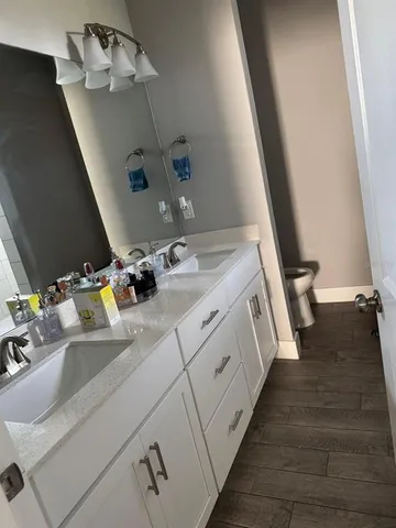a bathroom with a sink and a mirror