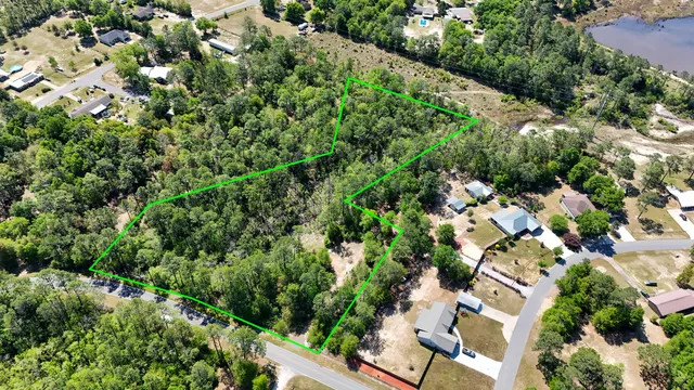 an aerial view of residential houses with outdoor space and trees