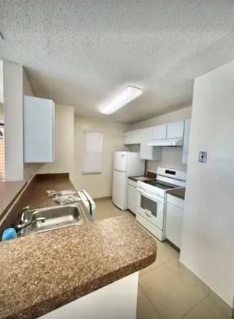 a kitchen with a stove a sink and a refrigerator