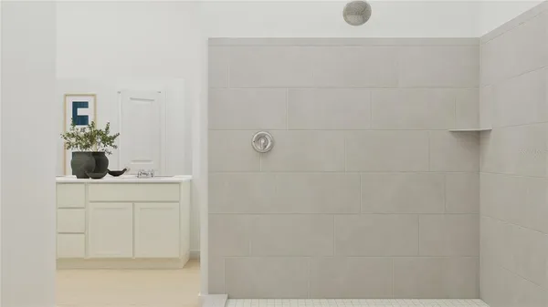 a bathroom with a sink and vanity