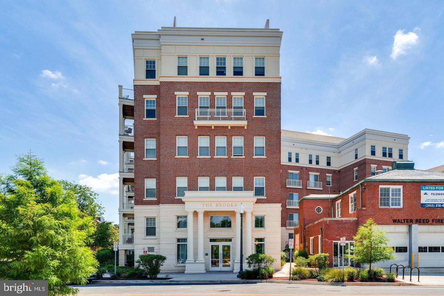 a front view of a multi story building