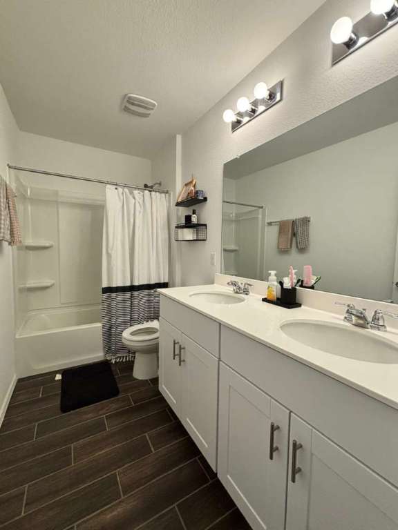 1512 Hope Ranch Road Leander, TX 78641 - Photo 21 of 27 a bathroom with a double vanity sink toilet mirror bathtub and shower