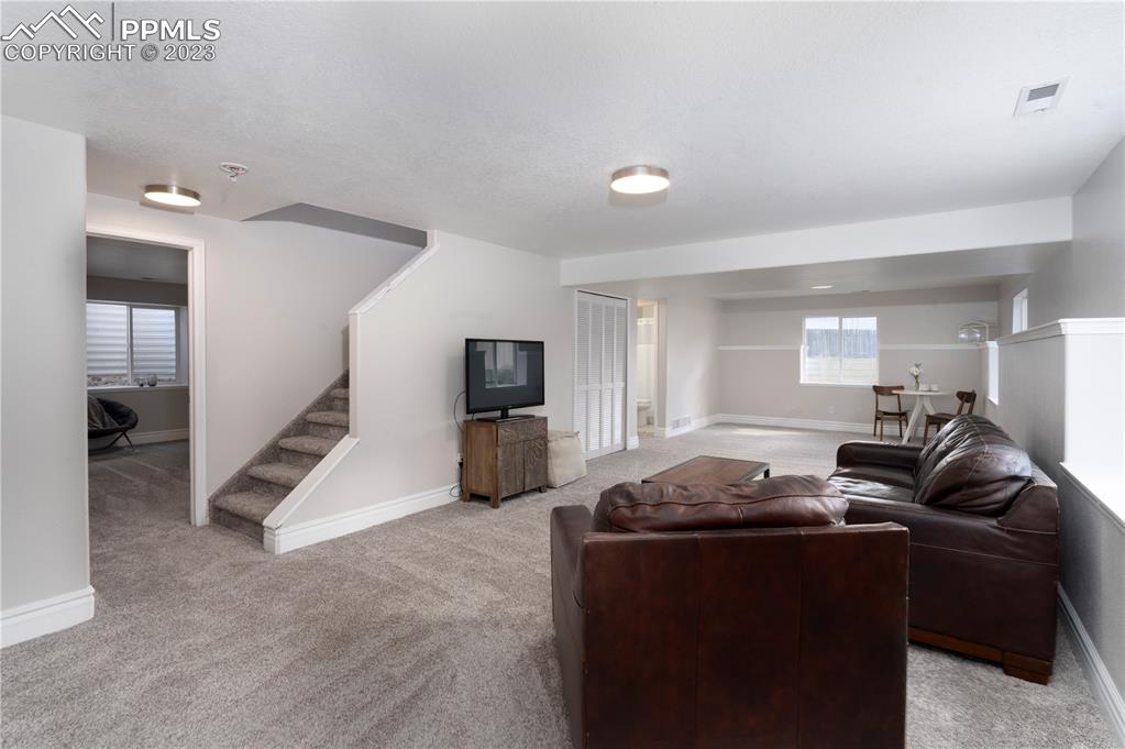 827 Circle Road Palmer Lake, CO 80133 - Photo 17 of 28 a living room with furniture a flat screen tv and a refrigerator