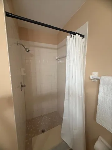 a bathroom with a shower and a toilet