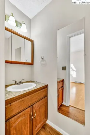 a bathroom with a sink a mirror and a shower
