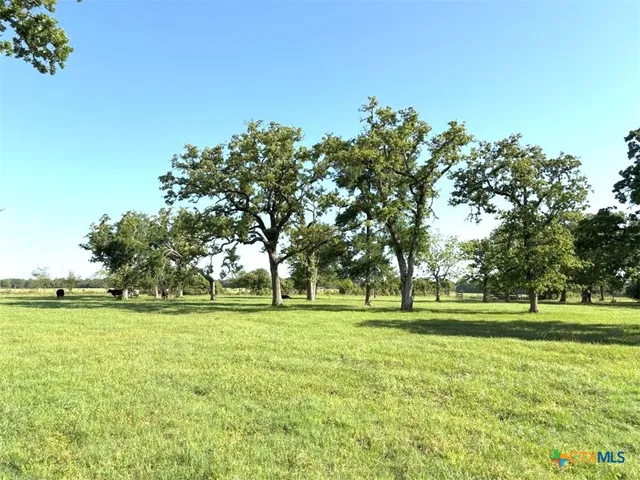 a view of a grassy field with benches and trees all around