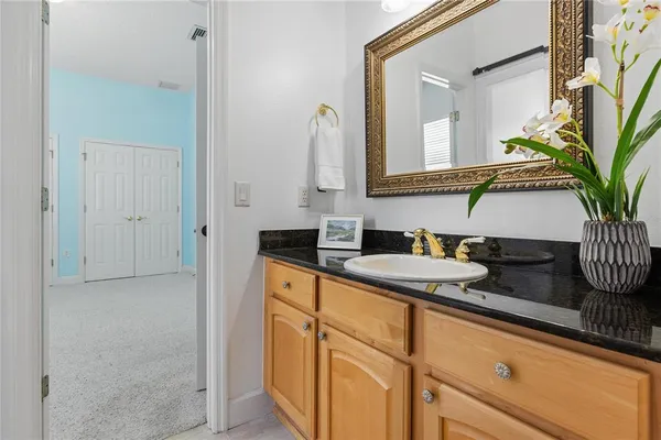 a bathroom with a granite countertop sink and a mirror
